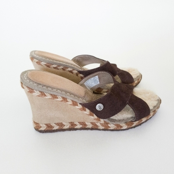 UGG Margot Brown Leather Shearling Wedge Espadrille Slip On Sandals - Picture 8 of 13